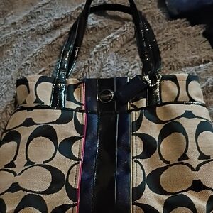Coach Black and Tan Signature Stripe Tote